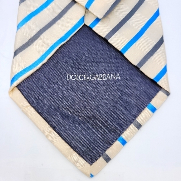 DOLCE & GABBANA Vintage SilK Cream Shimmery and Turquoise Stripped Tie - Picture 12 of 15